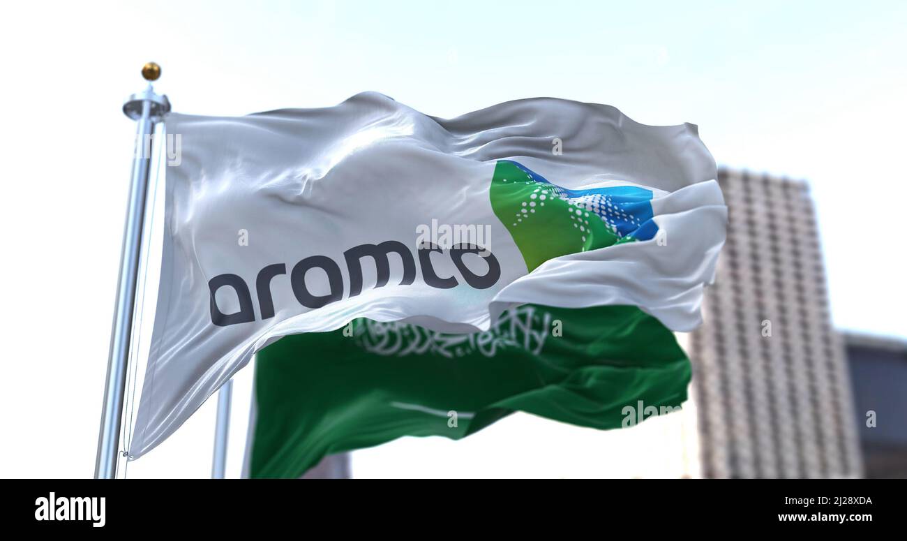 Dhahran, SA, March 2022: The flag of the Aramco oil company waving in ...