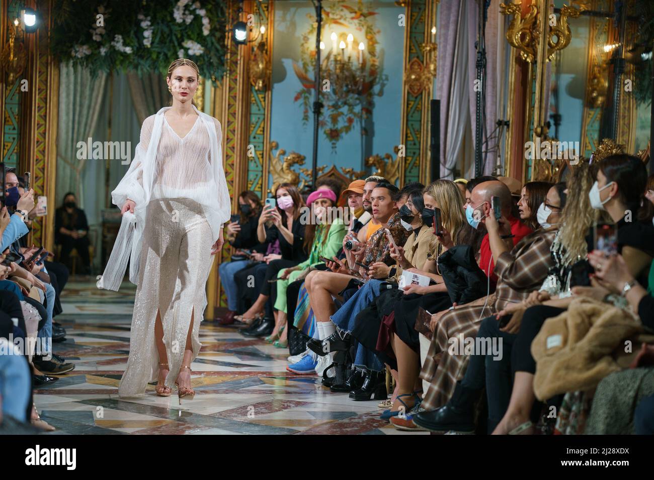 A model showcases Lorena Merino design during the Atelier Couture bridal catwalk within Madrid Fashion Week, held the Santonia in Madrid. (Photo Atilano / SOPA Images/Sipa USA Stock