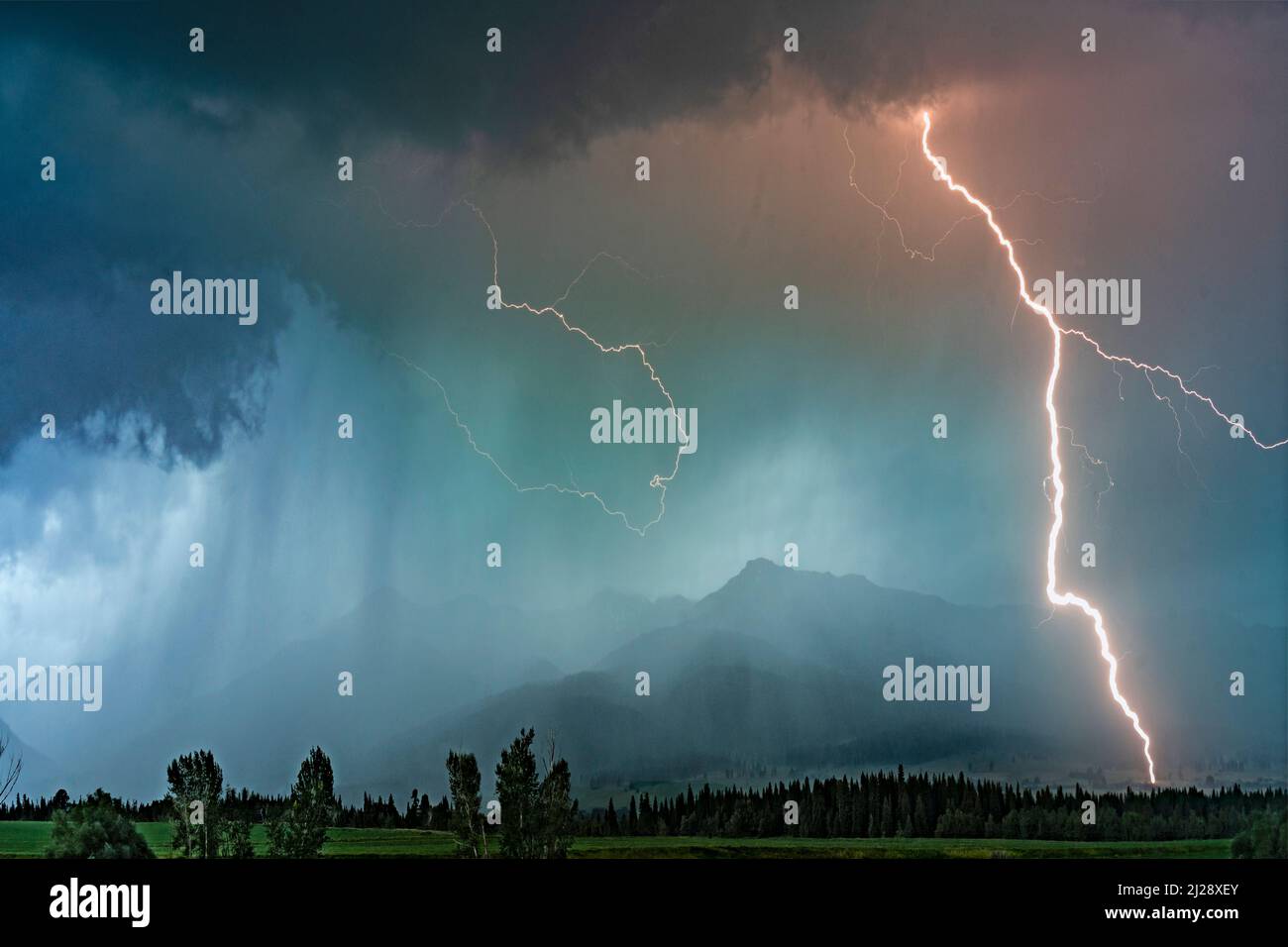 Lightning striking Wallowa Valley, Oregon Stock Photo