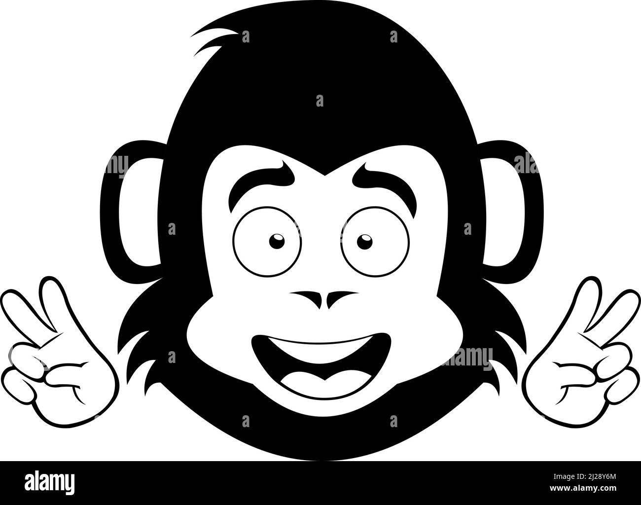 Vector illustration of the face of a cartoon monkey or gorilla making the classic love and peace or v victory gesture with his hands, drawn in black a Stock Vector