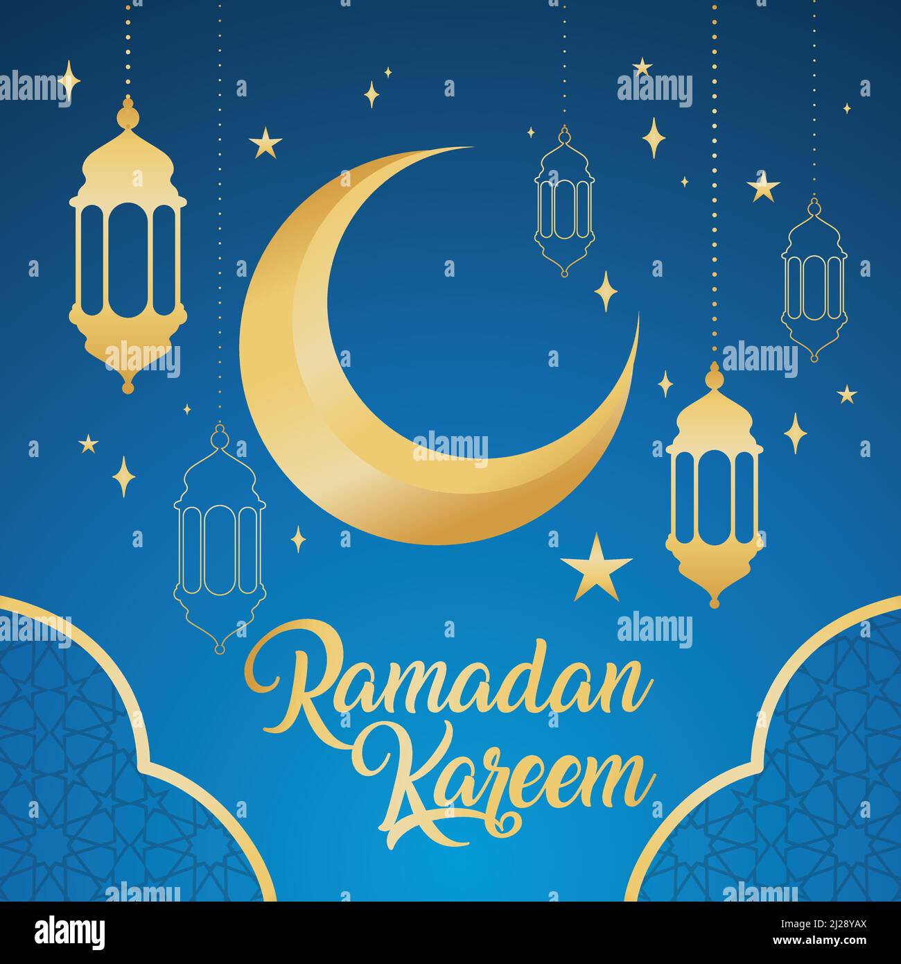 Golden crescent moon and arab lanterns Ramadan kareem template Vector ...