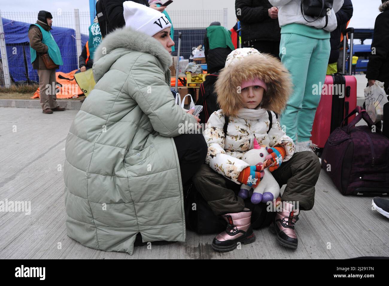 Reception of ukrainian refugees at the border post of isaccea - romania Stock Photo
