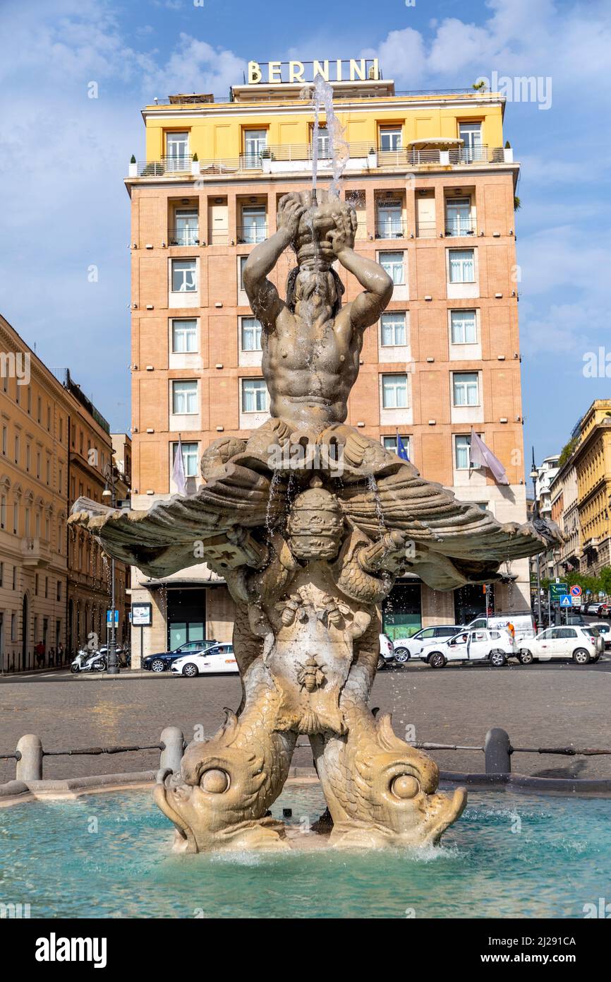 Rome, Italy - August 4, 2021:  Triton Fountain (Fontana del Tritone), Rome Italy. Stock Photo