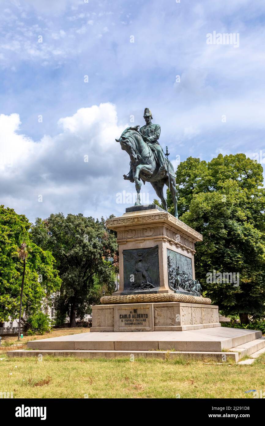 Rome, Italy - August 5, 2021: p public park Giardino in Rome with rider statue of  Carlo Alberto In Rome, Italy. Stock Photo
