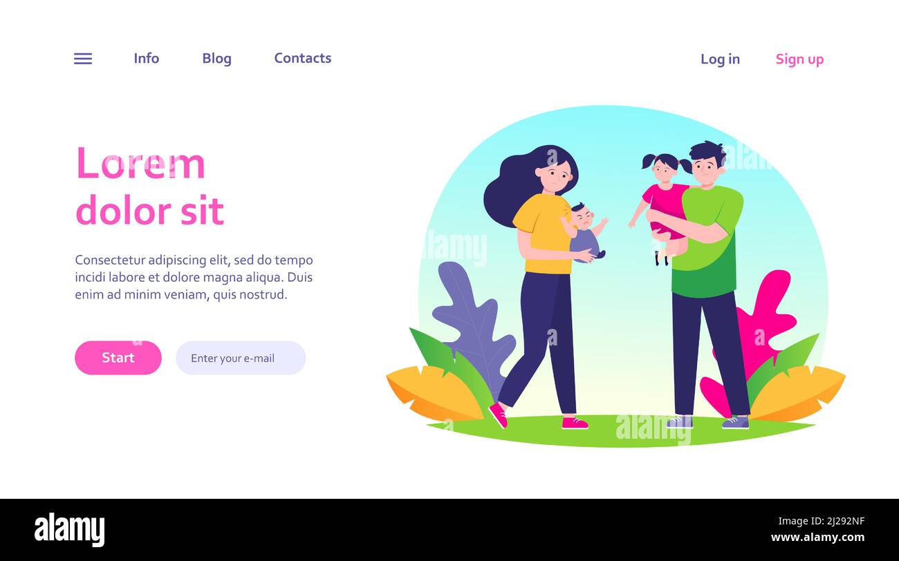 Couple of tired parents. Sad mom and dad holding little children in ...