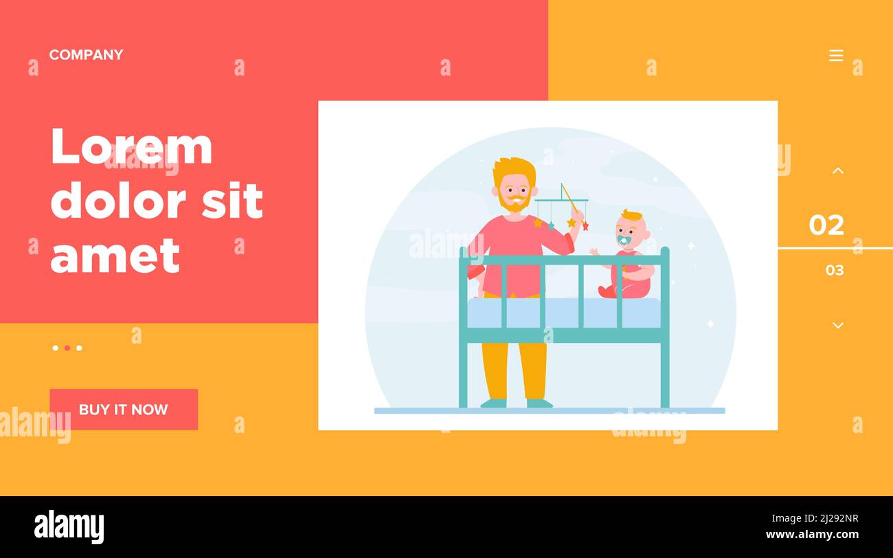 New dad playing with baby in crib. Rattle toy, soothing child for