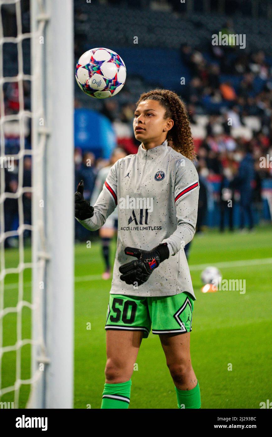 Oceane Toussaint of Paris Saint Germain warms up ahead of the UEFA