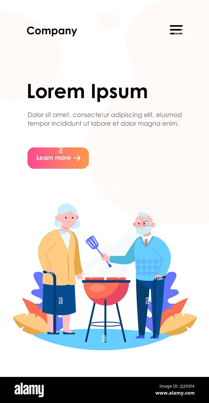 Senior couple cooking BBQ meat in garden. Old man with cane and spatula grilling steaks flat vector illustration. Leisure, summer, food concept for ba Stock Vector