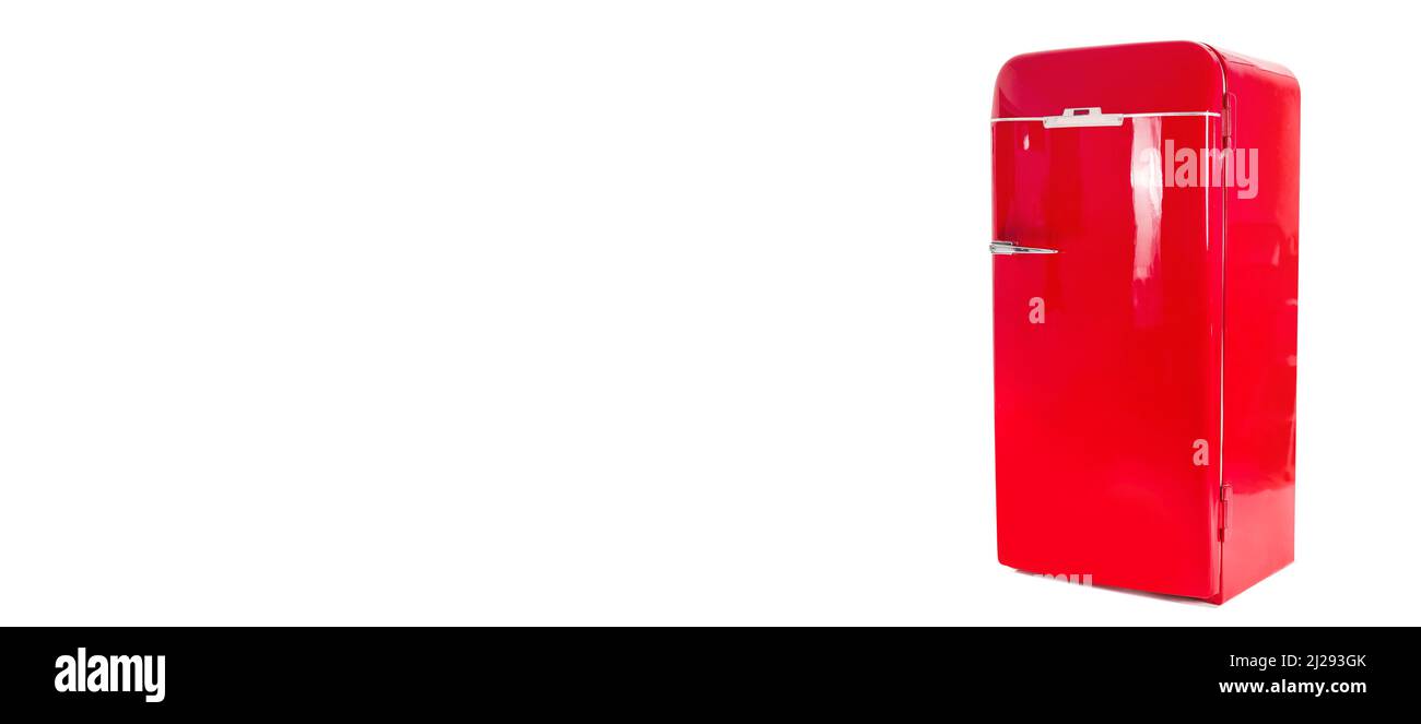Stylish red retro fridge on white background with space for text Stock Photo