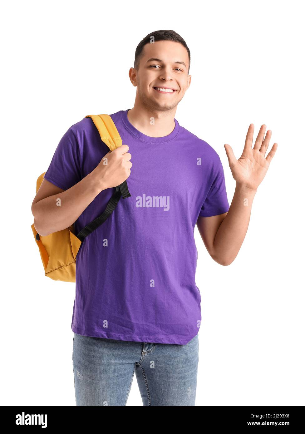 Male student with backpack waving hand on white background Stock Photo ...