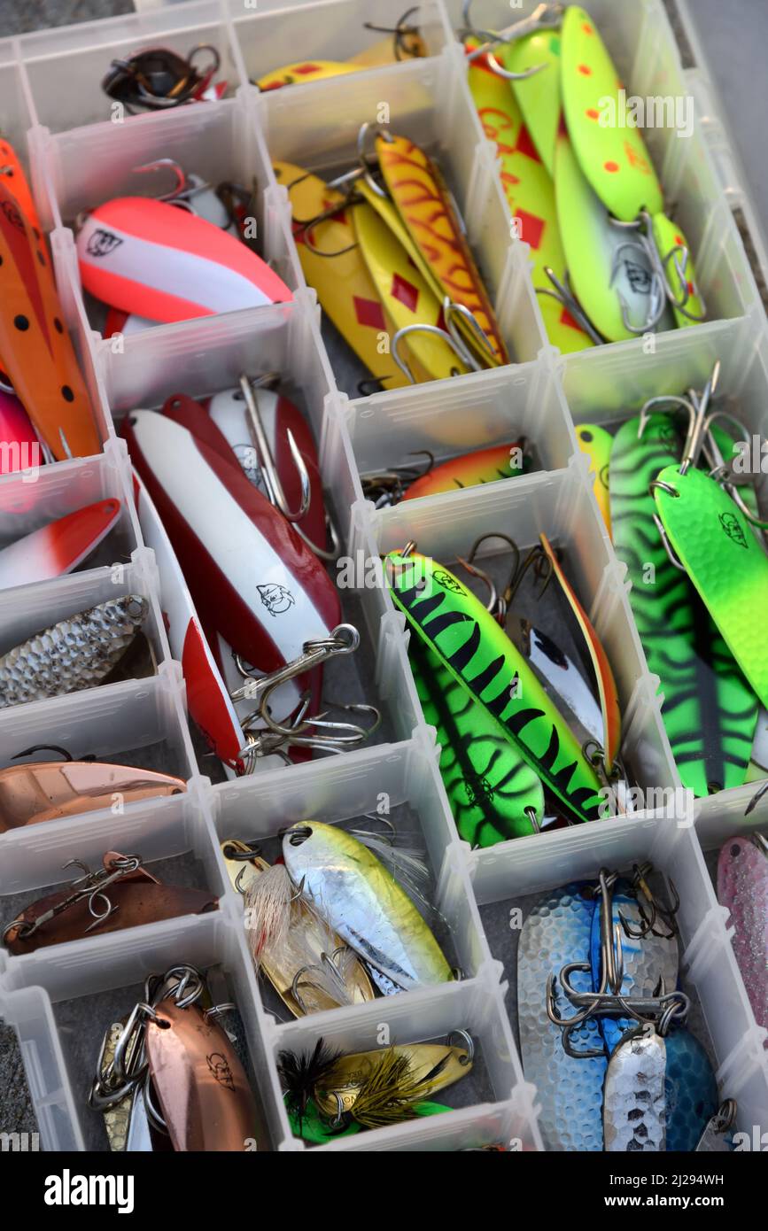 Sport fishing tackle box detail Salmon lures Alaska Stock Photo - Alamy