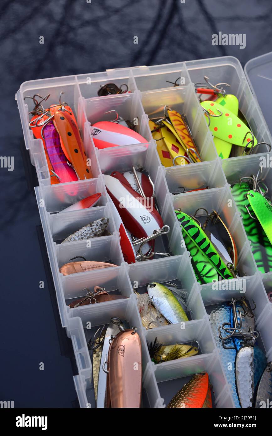Fishing tackle lures and tackle box Stock Photo Alamy