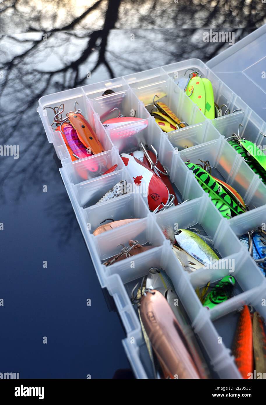 Fishing tackle lures and tackle box Stock Photo Alamy