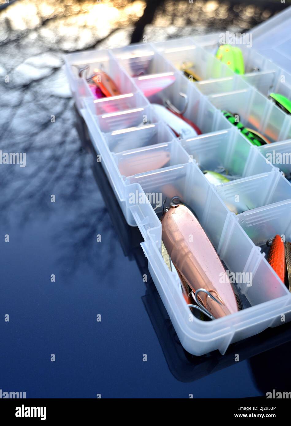 Fishing tackle lures and tackle box Stock Photo Alamy