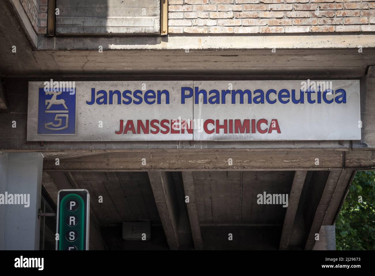 Picture of a sign with the old logo of Janssen Pharmaceutica in Ljubljana, Slovenia. Janssen Pharmaceuticals is a pharmaceutical company headquartered Stock Photo