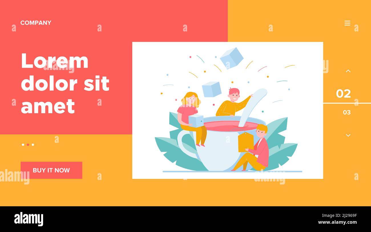 Happy people mixing sugar in big cup of tea. Spoon, office, lunch flat