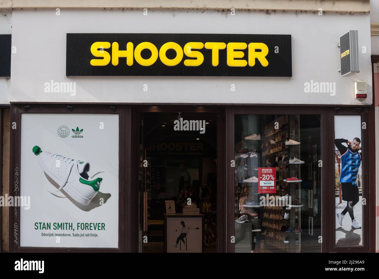 Picture of a sign with the logo of Shooster shoes on their local shop for  Zagreb, Croatia. shooster is a Croatian multinational footwear and fashion  r Stock Photo - Alamy