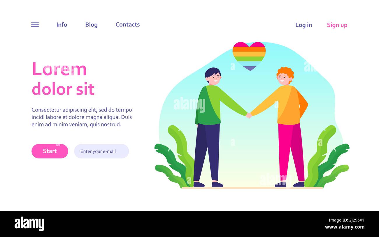 Male gay couple with rainbow heart. Cheerful men holding hands flat vector illustration. Homosexuality, LGBT, gay pride parade concept for banner, web Stock Vector