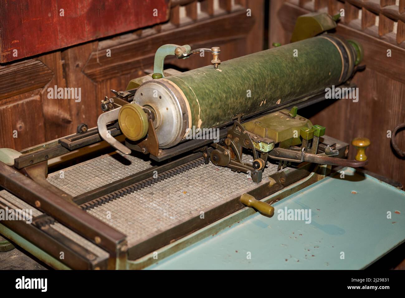 Close-up of an old traditional movable type printing machine Stock Photo
