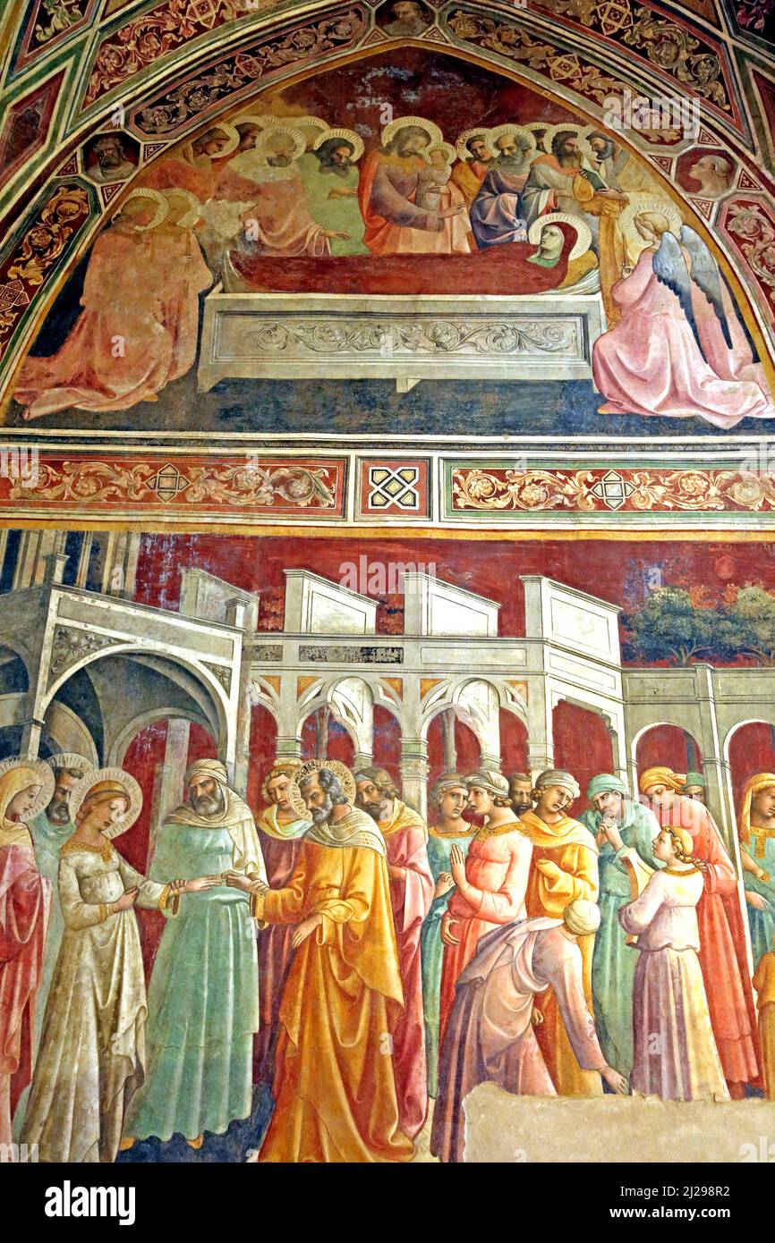 The fresco 'Wedding of Mary' by Lorenzo Monaco in the Salimbeni Chapel of the Chiesa di Santa Trinita in Florence Italy. Stock Photo