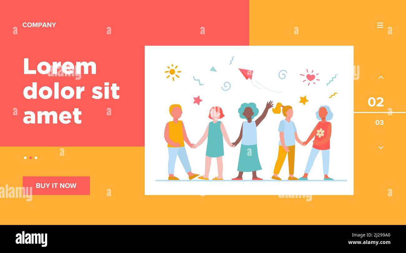 Diverse group of children in kindergarten. Team of African American, Asian, Caucasian boys and girls standing together. Vector illustration for intern Stock Vector