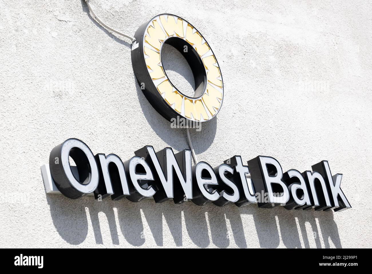 A shop sign of OneWest Bank, on March 28 2022 in Los Angeles CA, USA