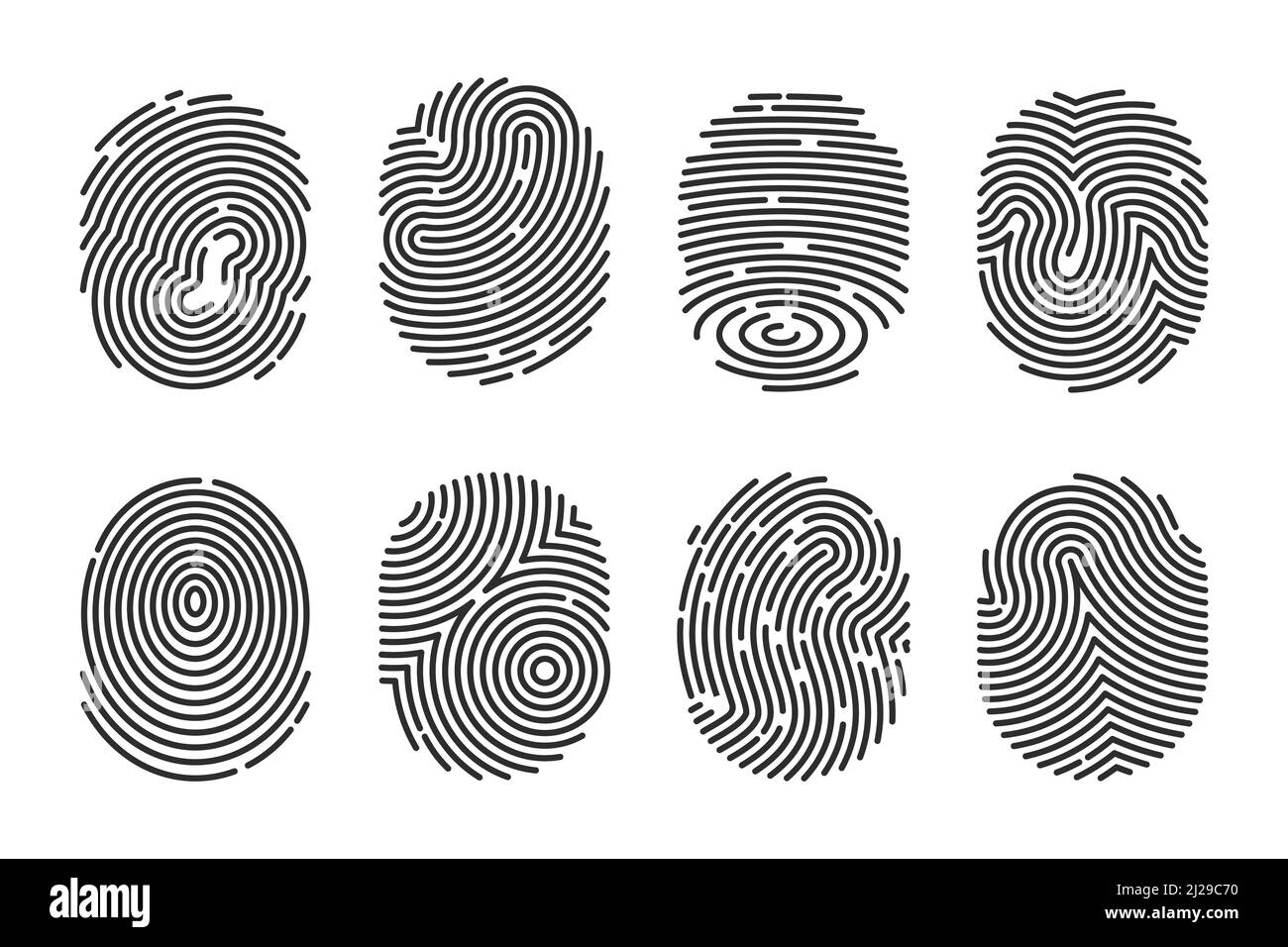 Black detailed fingerprints flat illustration set. Police electronic scanner of thumb print for crime data isolated on white background vector collect Stock Vector