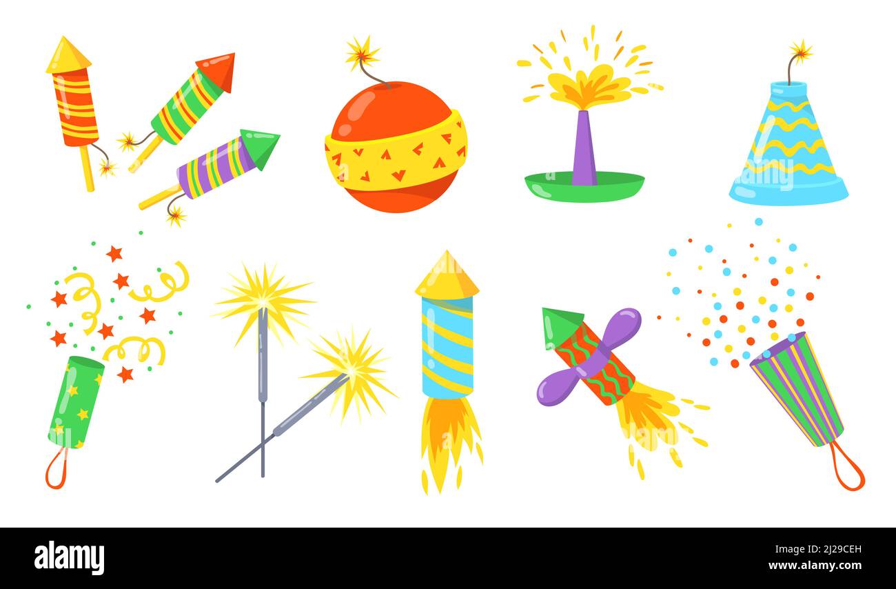 Colorful firecrackers flat illustration set. Cartoon bombs, rockets and crackers with fuses isolated vector illustration collection. Fireworks for hol Stock Vector