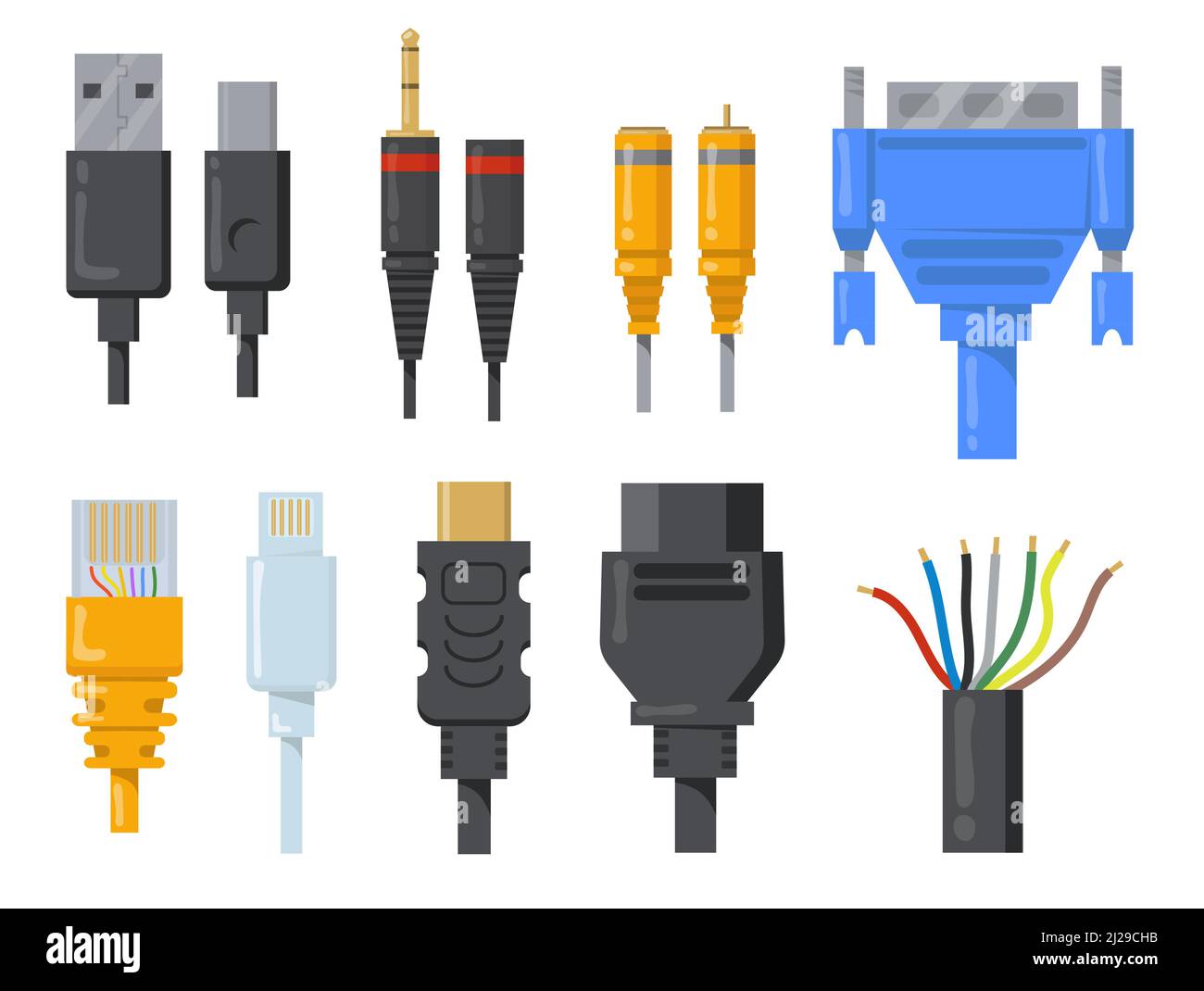 Computer cables, wires and cords flat item set. Cartoon black and colored connectors for HDMI or VGA port isolated vector illustration collection. Net Stock Vector