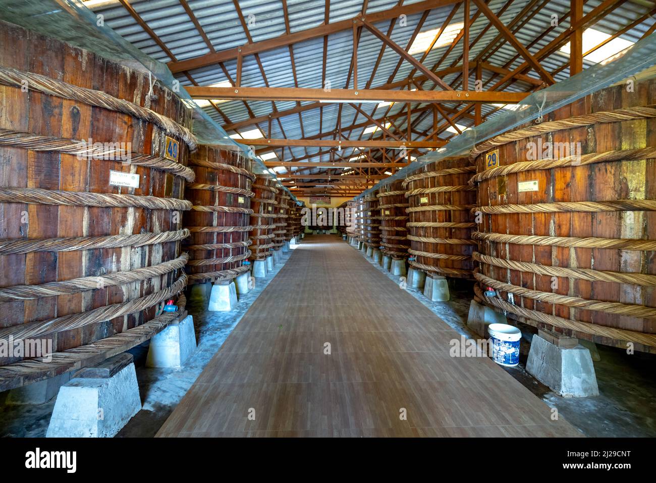 Phu Quoc Island, Vietnam - February 24, 2022: At the fish sauce production facility, the factory on Phu Quoc island follows the traditional fermentati Stock Photo