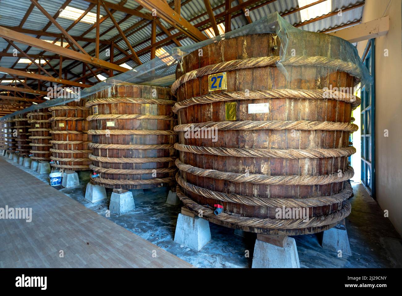 Phu Quoc Island, Vietnam - February 24, 2022: At the fish sauce production facility, the factory on Phu Quoc island follows the traditional fermentati Stock Photo