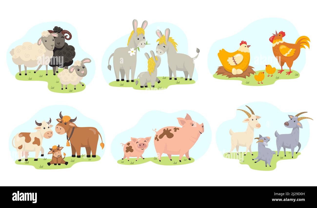 Cute farm animals family flat illustration set. Cartoon domestic goat, sheep, chicken, cow, pig, donkey isolated vector illustration collection. Educa Stock Vector