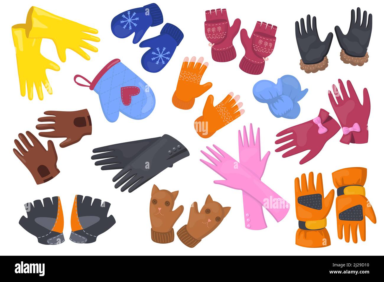 Different gloves flat illustration set. Cartoon protective pair of