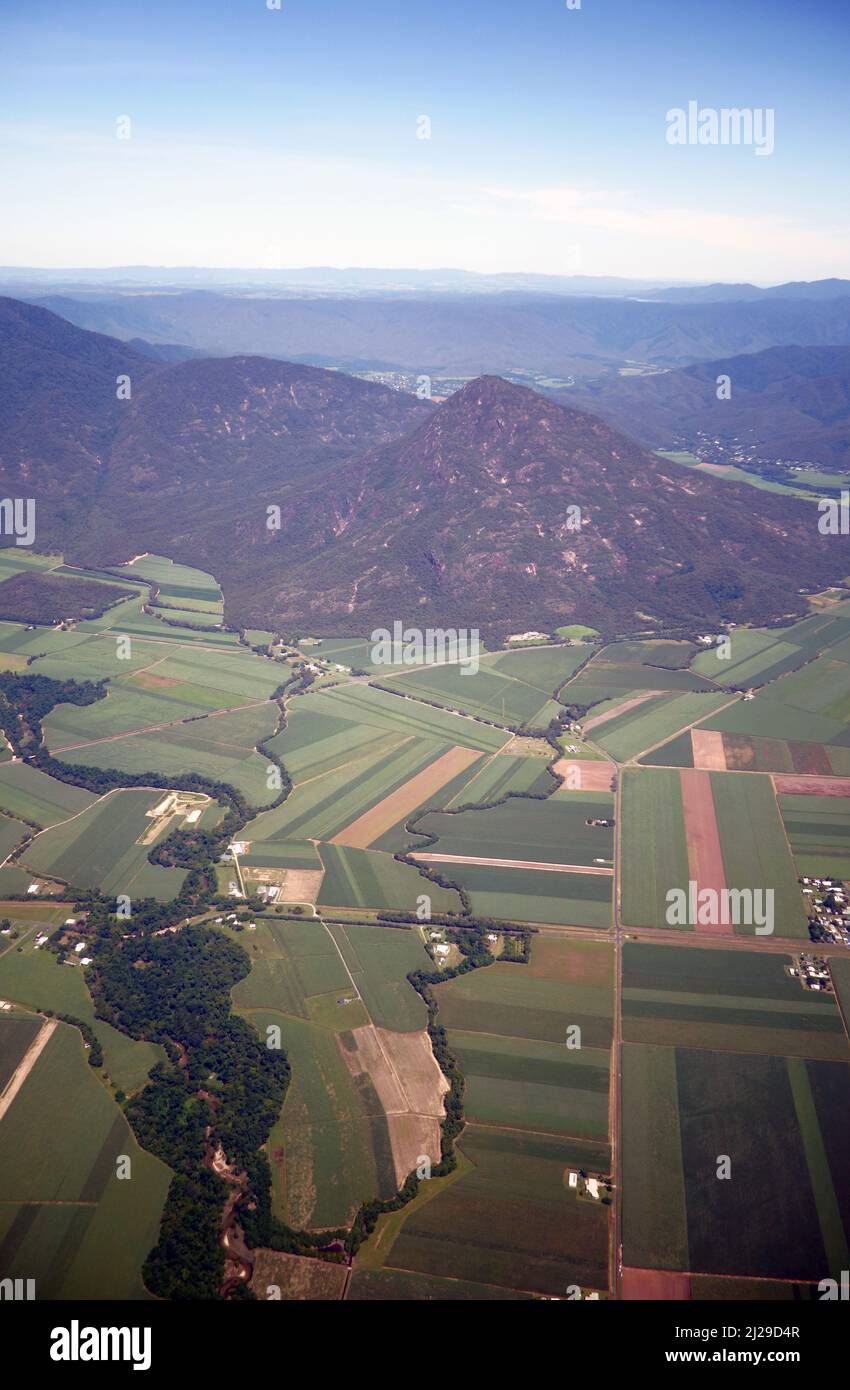 Aerial view of Walsh's Pyramid and Aloomba Pocket, Gordonvale, Cairns, Queensland, Australia Stock Photo