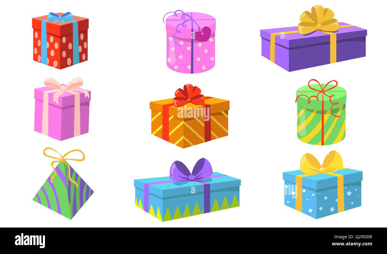 Gift boxes set. Christmas or birthday presents with colorful wrap, ribbons and bows greeting cards elements isolated on white background. Flat vector Stock Vector