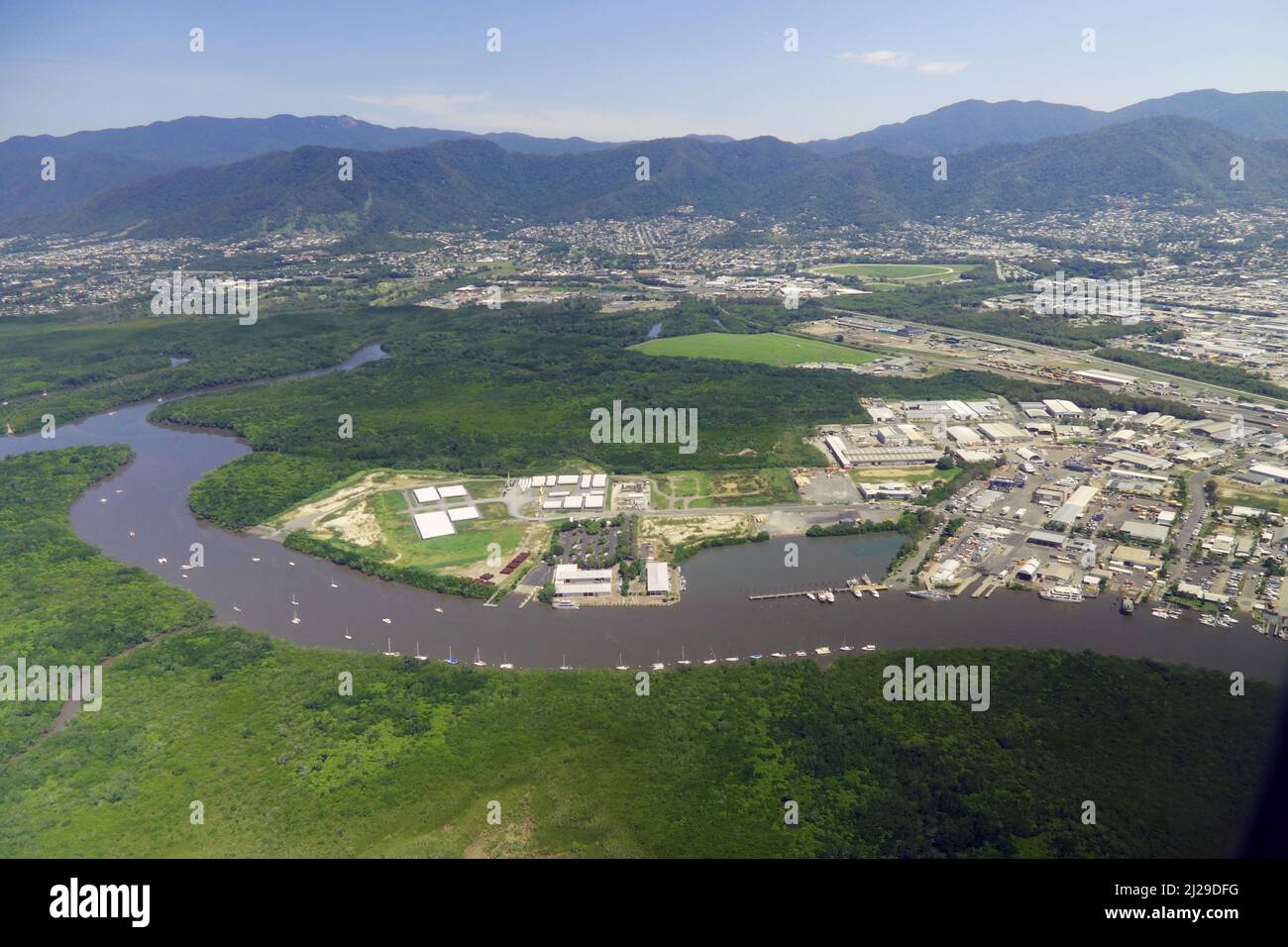 Aerial view of upper Trinity Inlet the port of Cairns and mangroves, Cairns, Queensland, Australia Stock Photo
