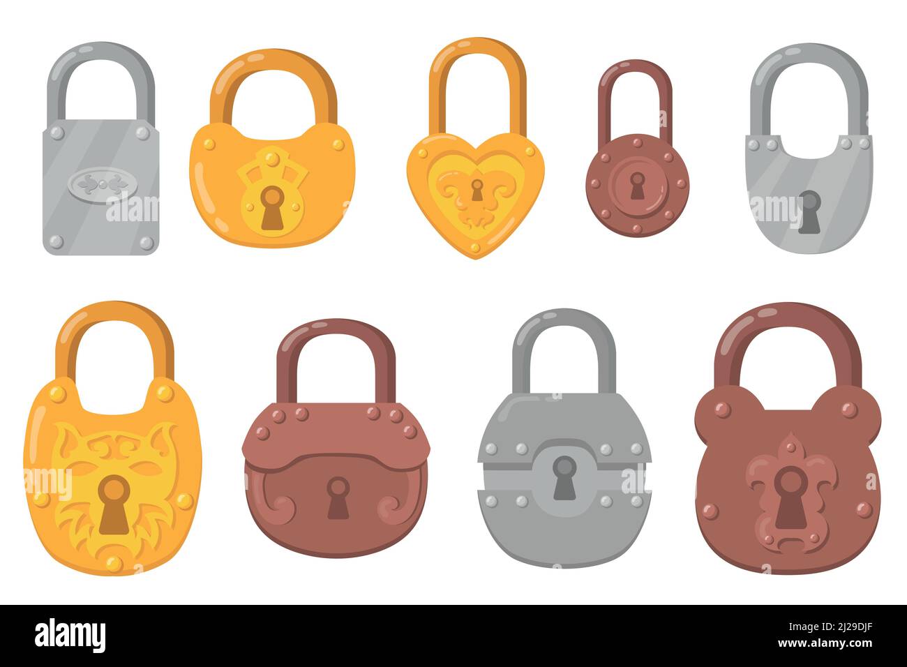 Iron Padlocks Flat Icon Set Cartoon Key Locks For Safety And Security