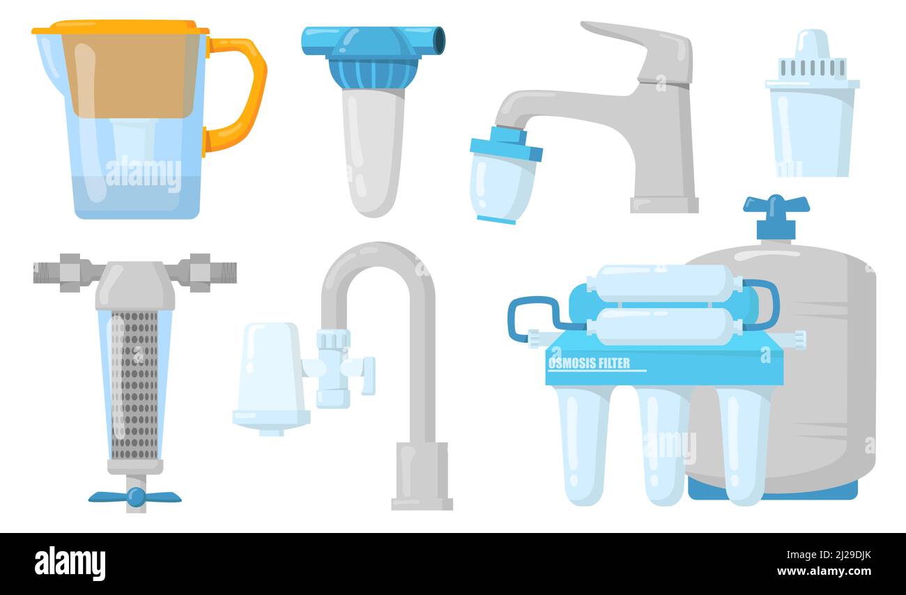 Home water filters flat set for web design. Cartoon jugs and taps with filtration  system isolated vector illustration collection. Purification and cle Stock  Vector Image & Art - Alamy