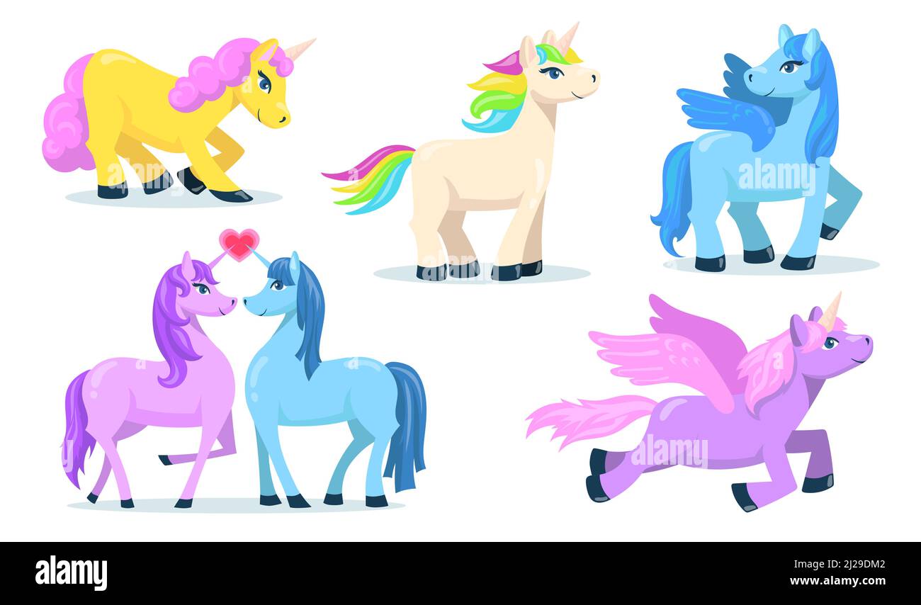 Little cute Pegasus and unicorn flat set for web design. Cartoon magic ponies for princess isolated vector illustration collection. Fantasy for child Stock Vector