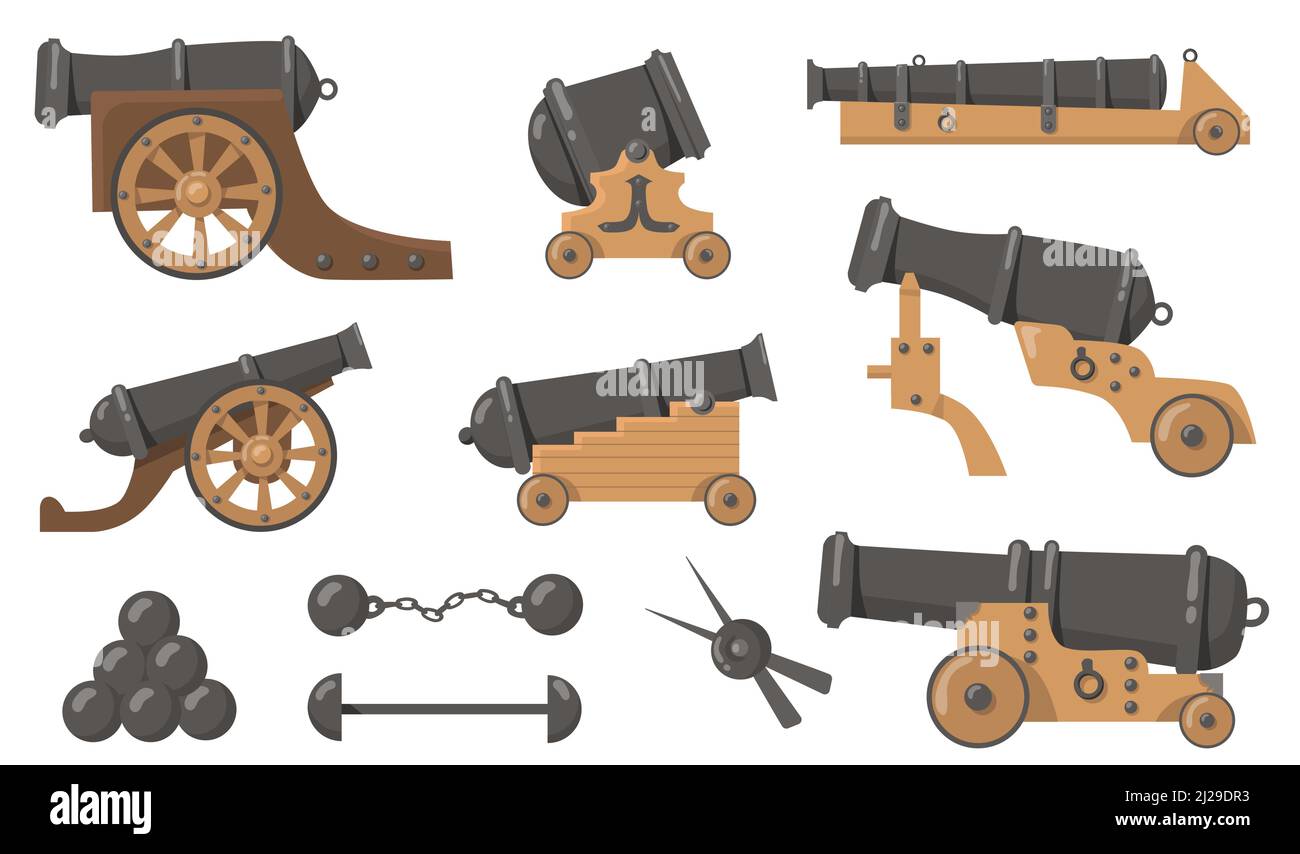 Medieval cannons with cannonballs flat illustration set. Cartoon metal ...