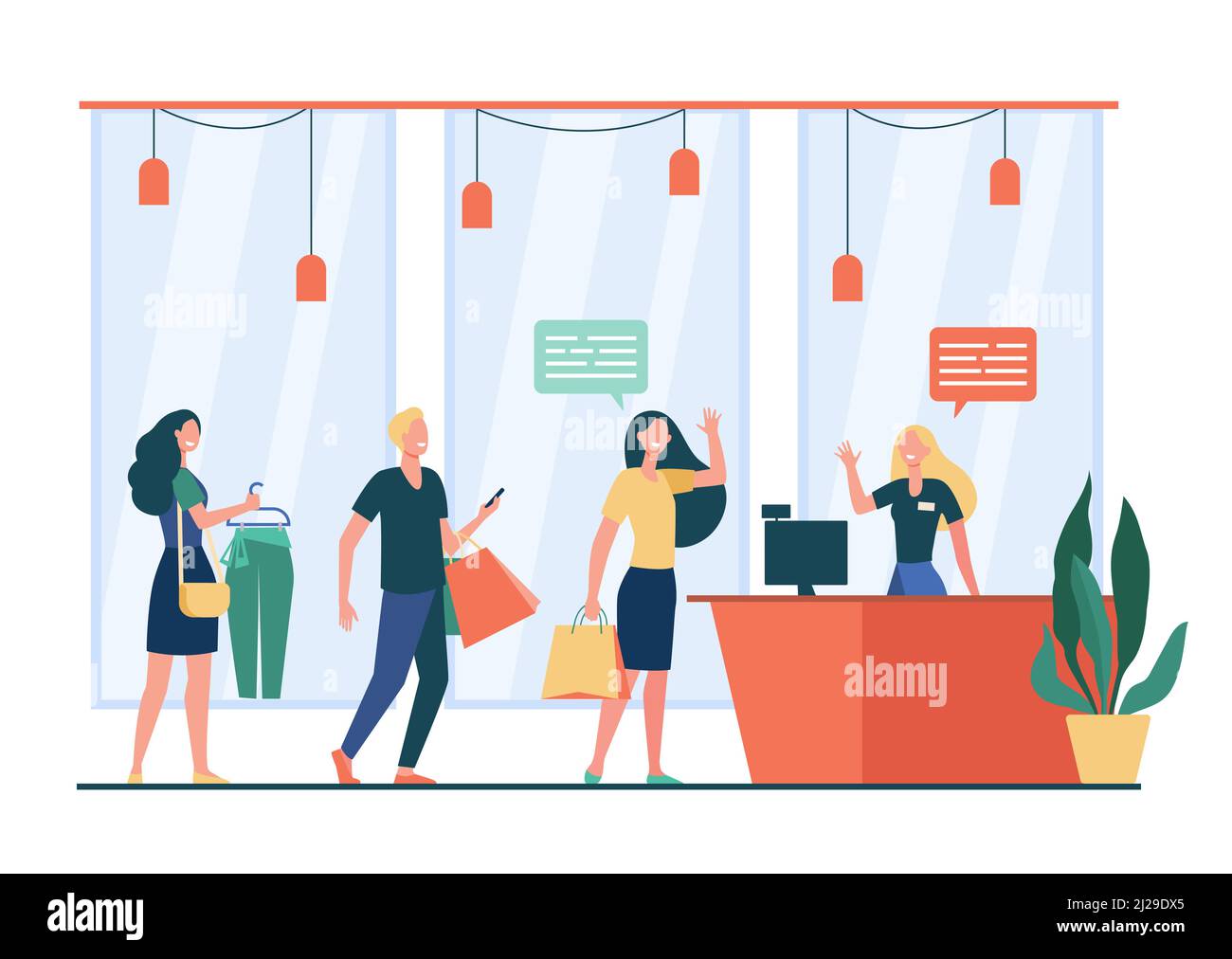 People shopping in store and waiting in line or queue flat vector