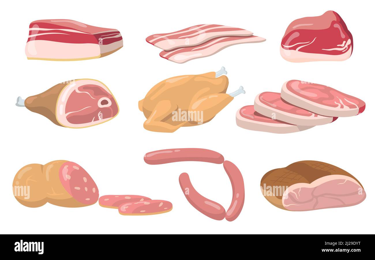 Pork, beef and lamb raw meat flat item set. Cartoon fresh meat products, steaks and sausages isolated vector illustration collection. Food and nutriti Stock Vector
