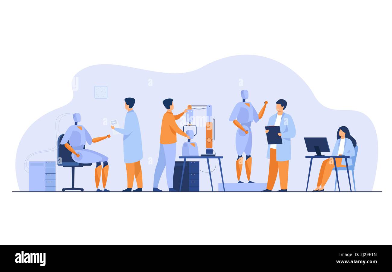 Scientists making robots in lab isolated flat vector illustration. Cartoon people creating