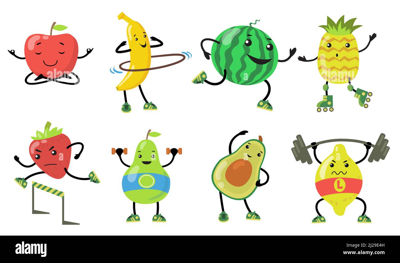 Sporty fruits set. Cartoon pear, apple, avocado, strawberry doing yoga, running and lifting weight in gym. Flat vector illustrations for healthy food, Stock Vector