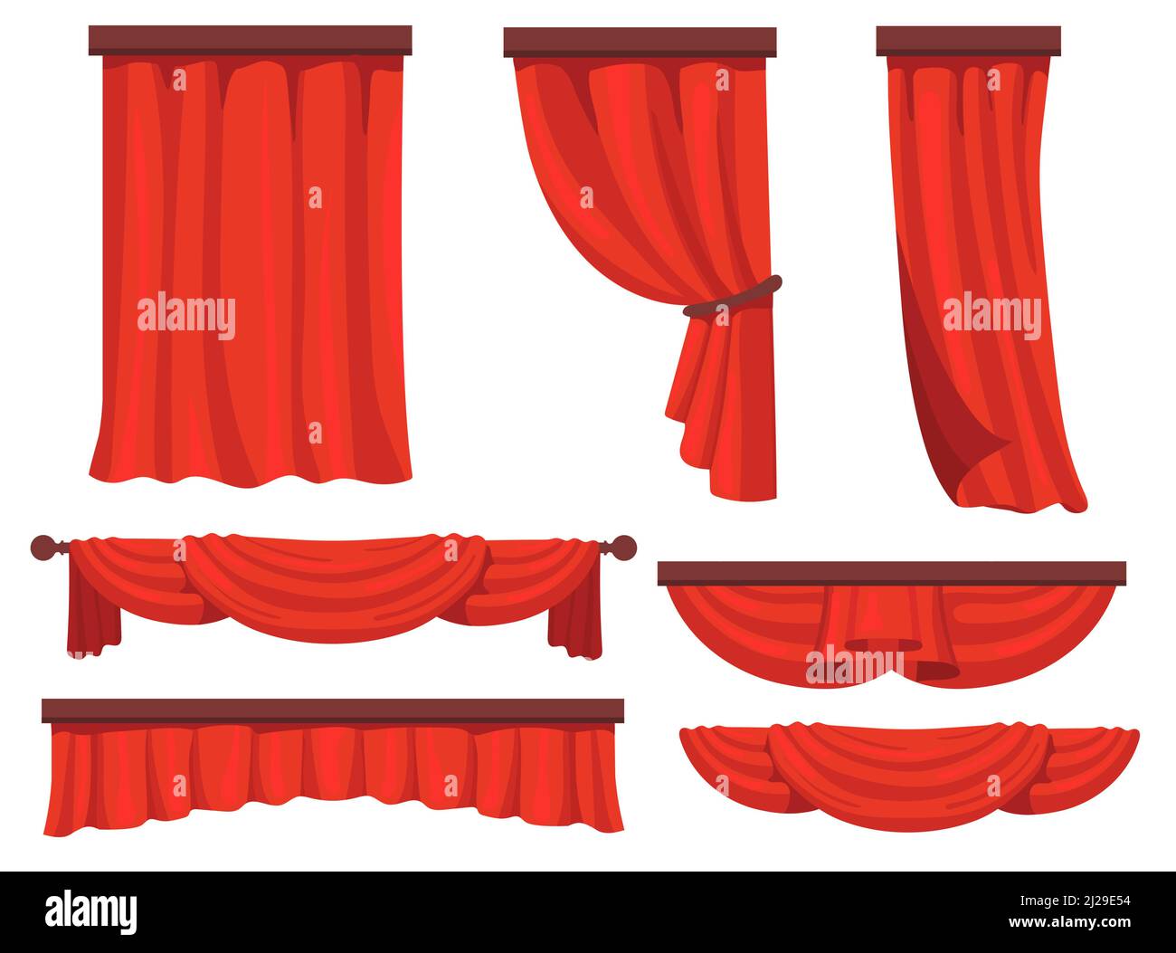 Stage red curtains flat set for web design. Cartoon fabric for background drapery in movie or opera vector illustration collection. Window drapery and Stock Vector