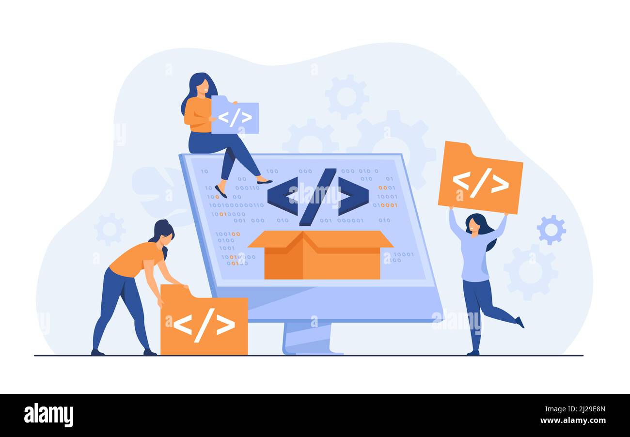 Tiny developers programming website for internet platform flat vector ...