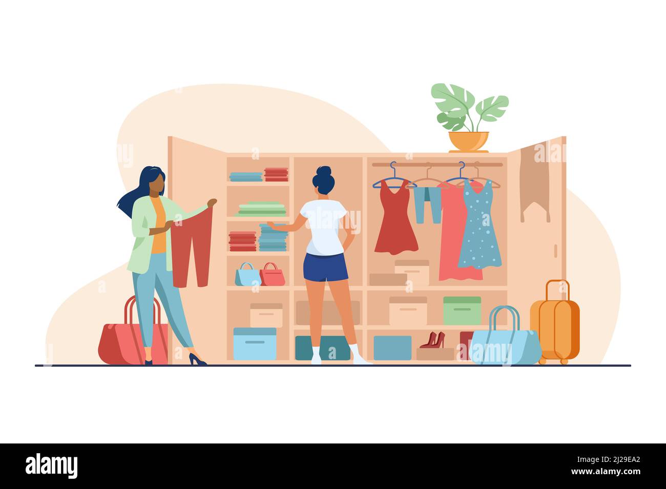 Two women choosing clothes for travel from wardrobe. Apparel, dress, baggage flat vector