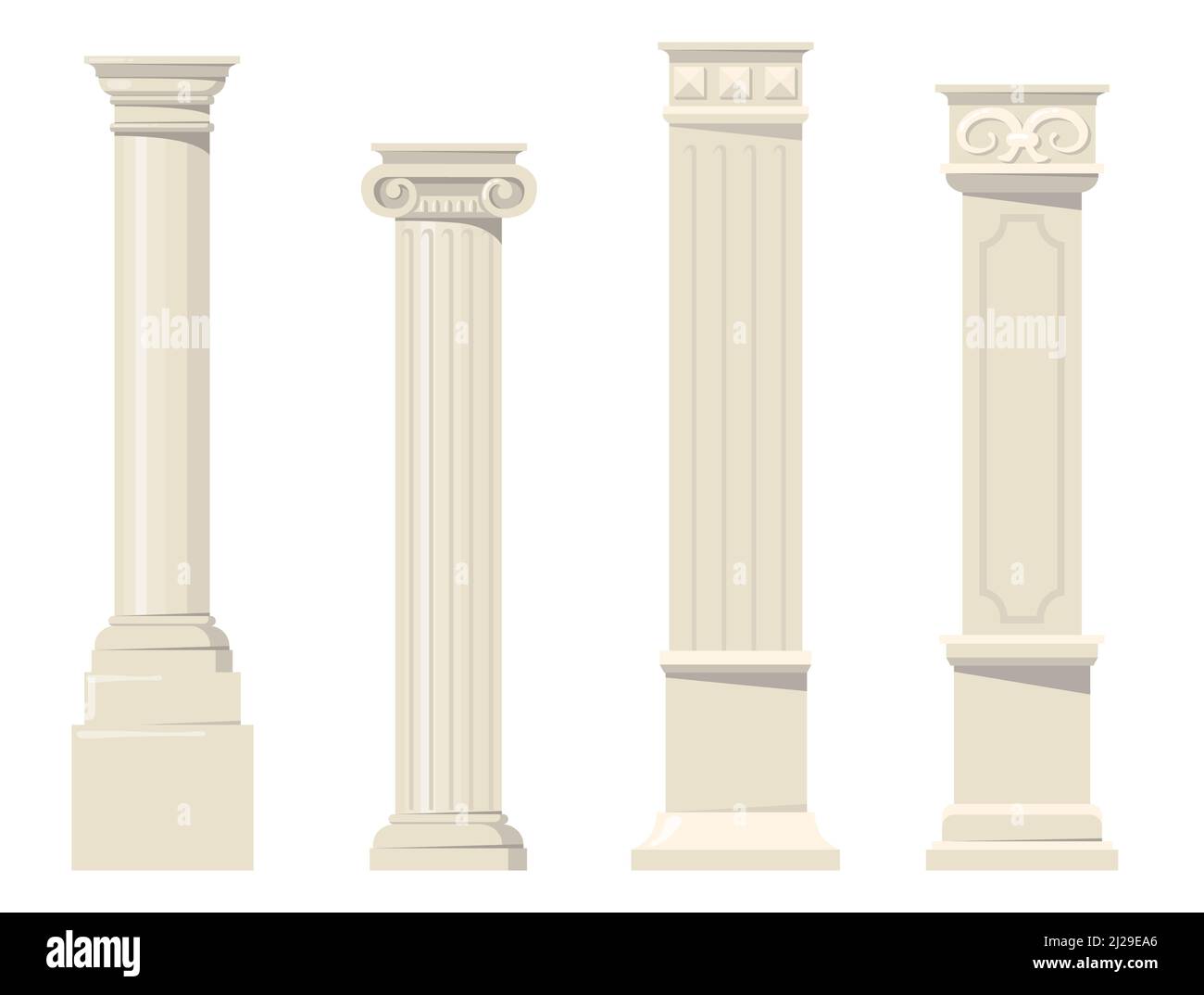 Vintage classic carved architectural pillars flat set for web design. Cartoon roman, renaissance or baroque columns for interior isolated vector colle Stock Vector