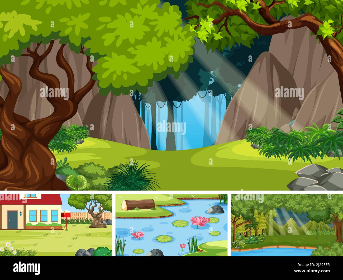 Nature scene with many trees and pond illustration Stock Vector Image ...