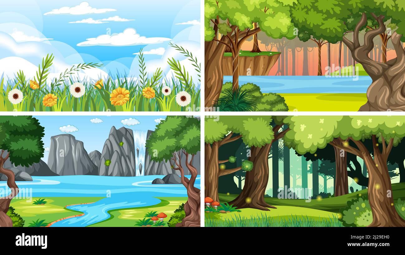 Nature scene with many trees and river illustration Stock Vector Image ...